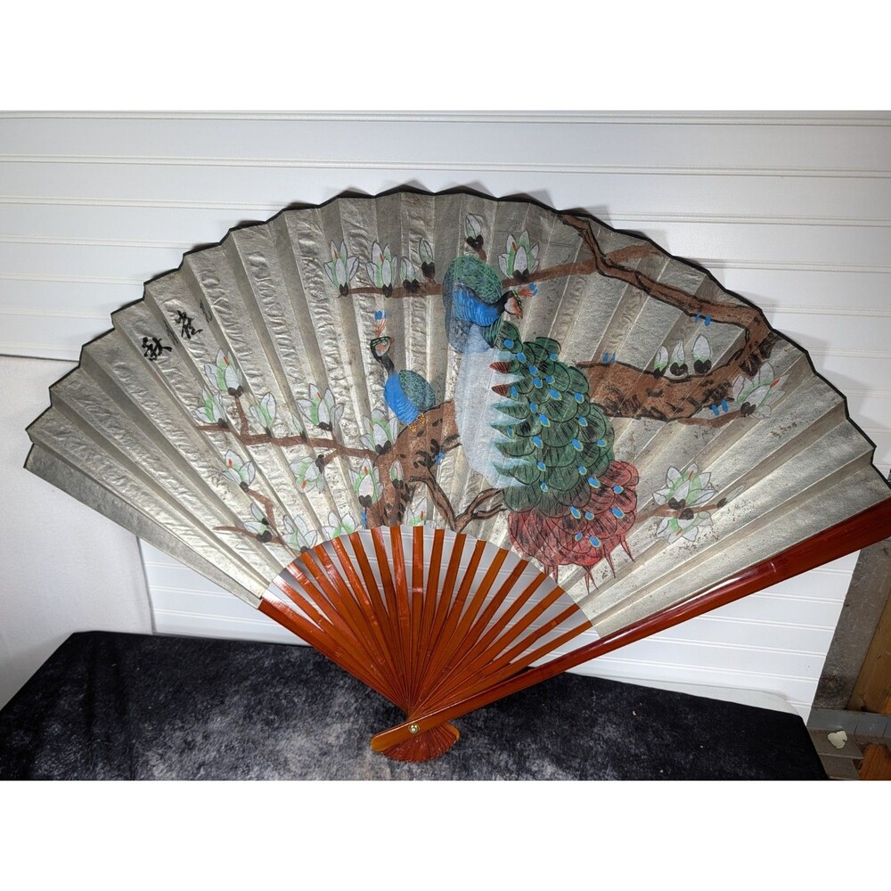 Vintage Asian Hand Painted Folding Fan Large Wood & Paper 47"X30"